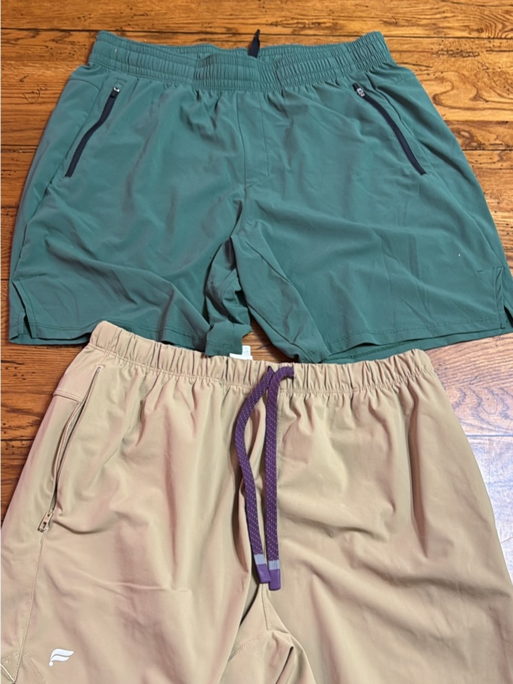 Fabletics Men's Teal and Tan Athletic Shorts with Purple Drawstring